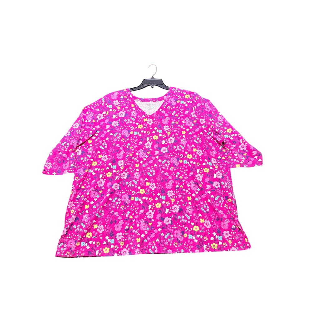 Woman Within V-Neck T-Shirt‎ Women 2X Pink Excellent Floral 3/4 Sleeve Tee